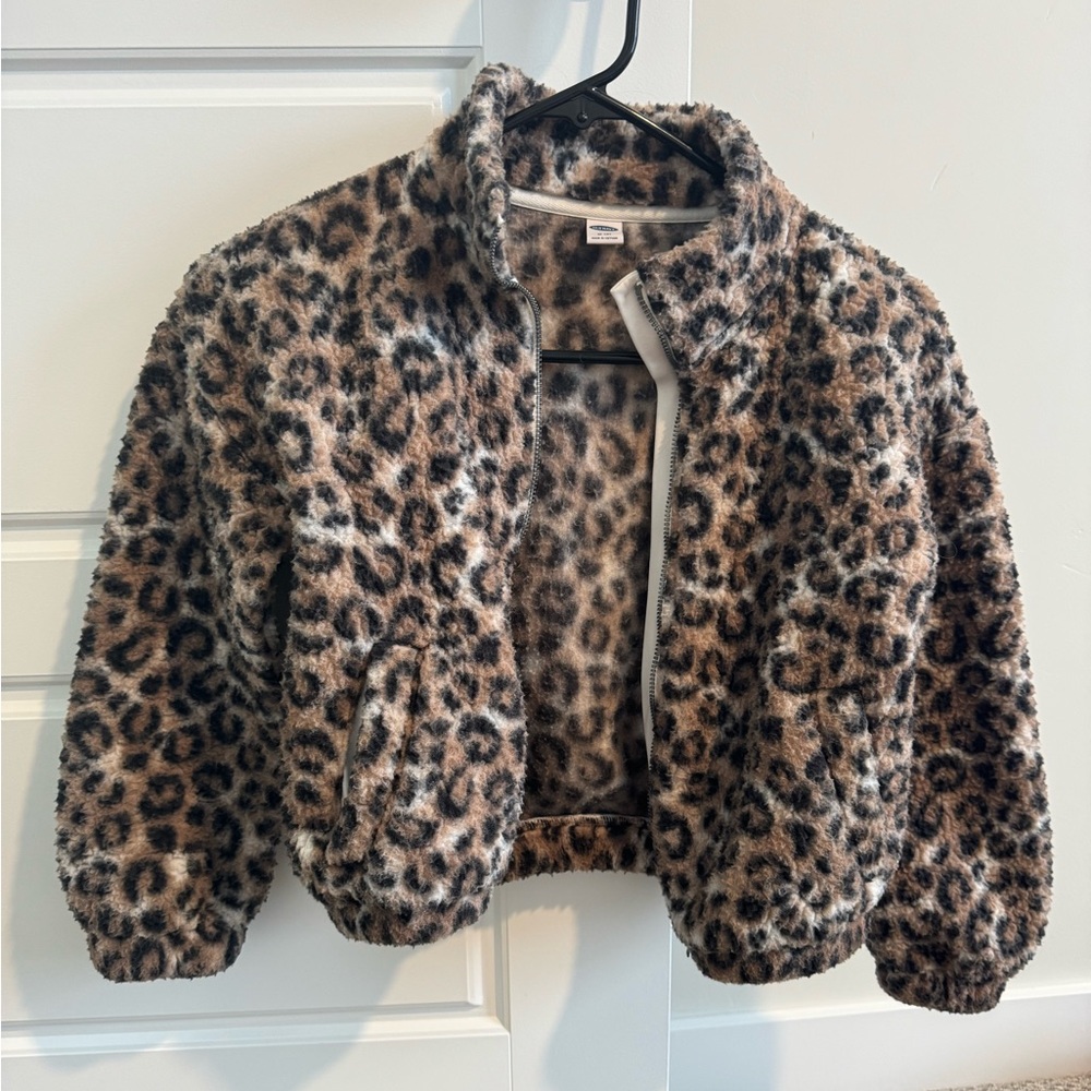 Old Navy girls fleece leopard zip up jacket